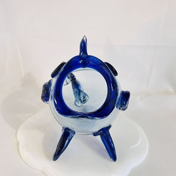 Blue Clear Hand Blown Art Glass Open Mouth Fish Vase Bowl Center Piece BEAUTIFUL - Picture 3 of 10